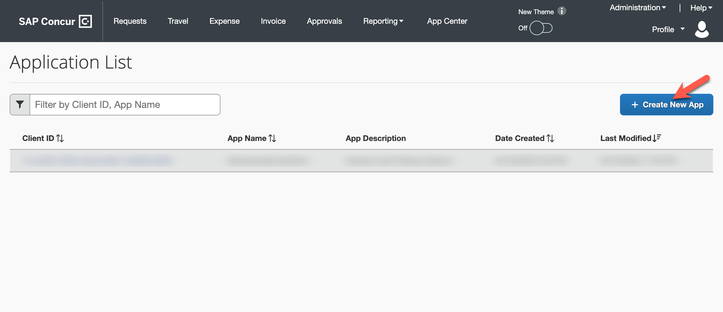 Create new app button on right side of screen.