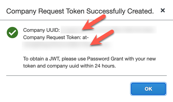 Confirmation screen showing the Company UUID and company request token successfully created.