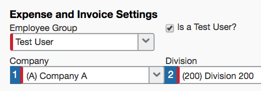 Expense and Invoice settings showing the Test User text box is checked.