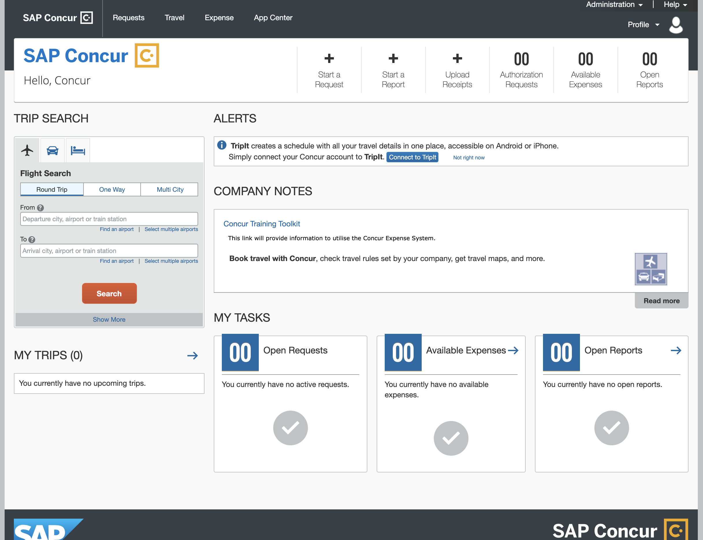 SAP Concur page after log in