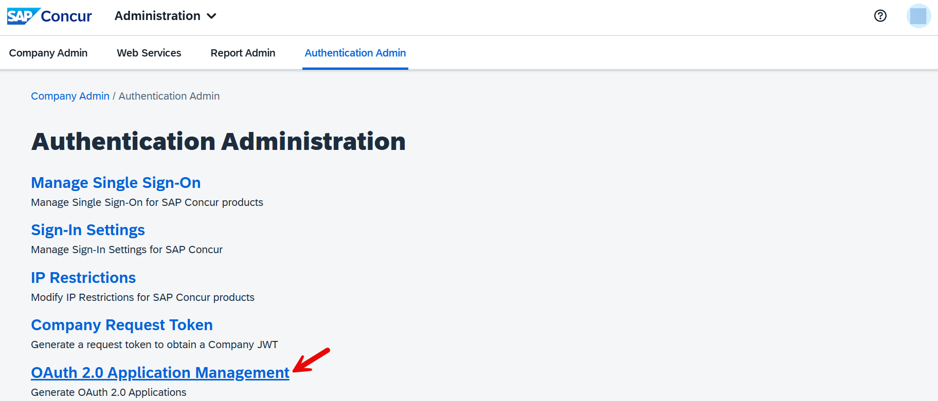 Product screen showing the Authentication Administration page