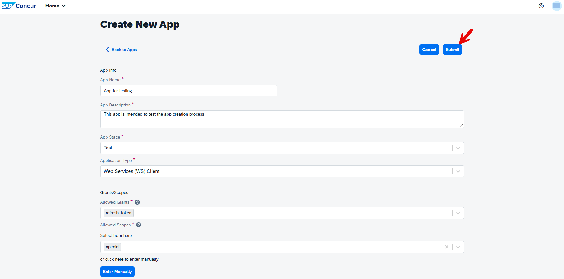 Product screen showing the Create New App page