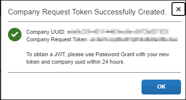 Product screen showing the Company Request Token Successfully Created dialog