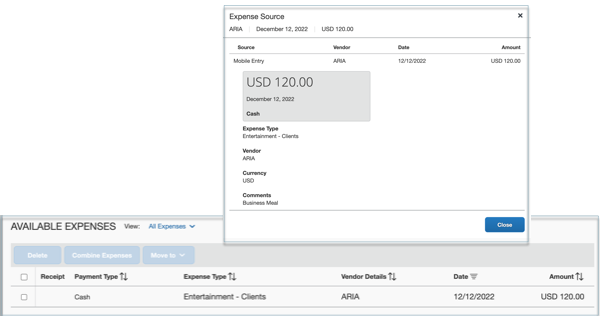 Example of a Quick Expense Item  in the Available Expense Listing Page