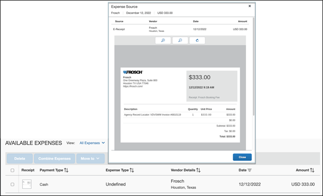 Example of Undefined in the Available Expense Listing Page