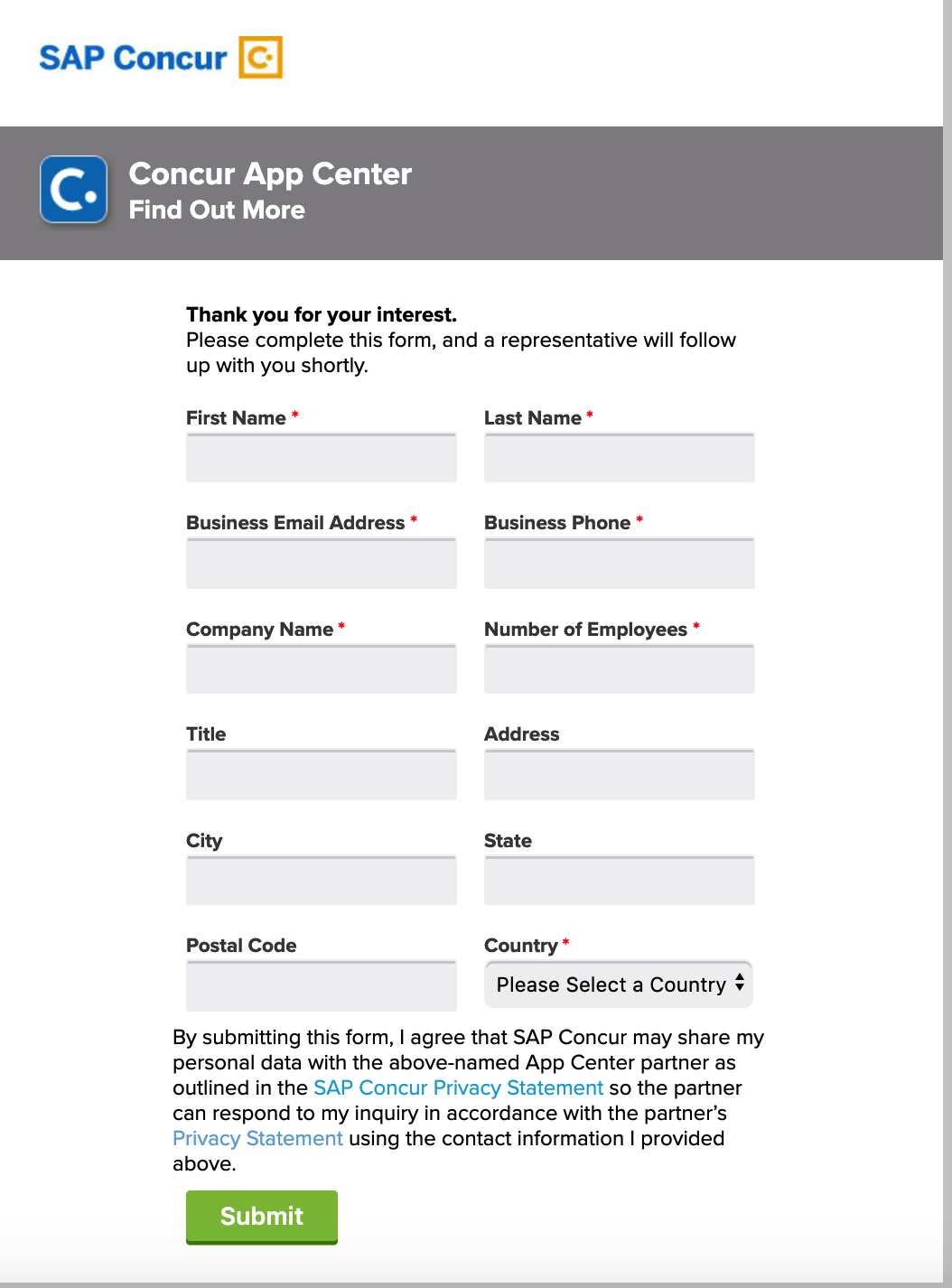 Sample App Center Request Information Form